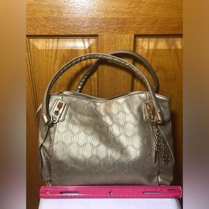 3 Piece Metallic Champagne Shoulder Bag with Chain Charm